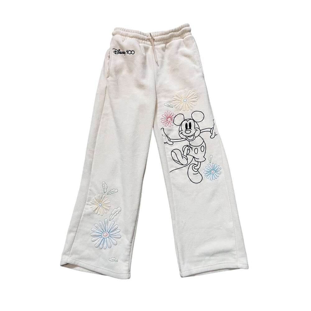 Disney 100 Womens Fleece Lounge Pants Mickey Floral Embroidery Cream Size Small